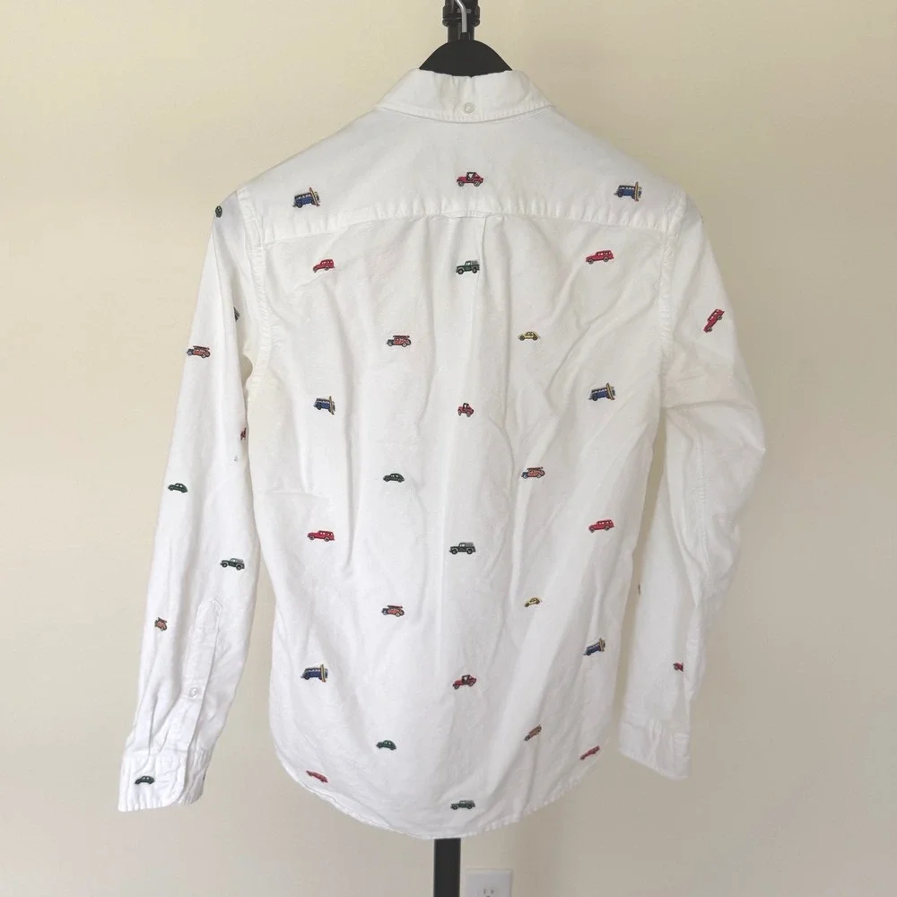 J. Crew White Embroidered‎ Car Surfboard Oxford Shirt G4742 SU17 Sm Distressed